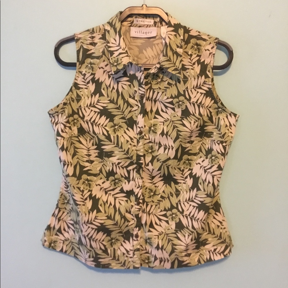 Villager Sleeveless Green Tropical Print Blouse Top or Vest Large